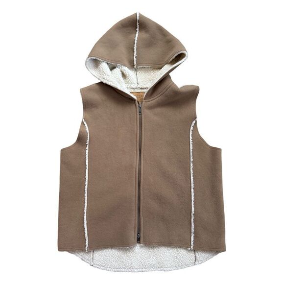 Lauren Ralph Lauren Brown Hooded Fleece Lined Faux Suede Zip-up Vest P/S - Picture 1 of 11